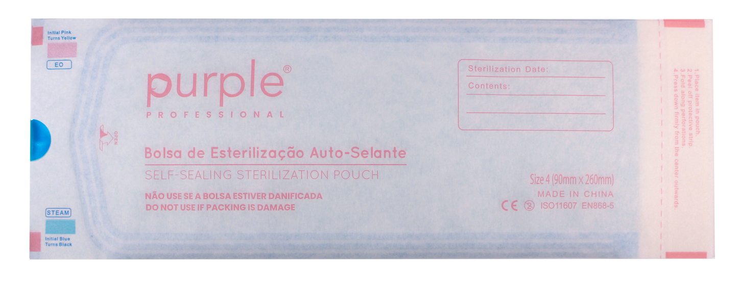 Self-Sealing Sterilization Pouches Size 4 - 90mmx260mm - Pipa Cosmetics Purple Professional®