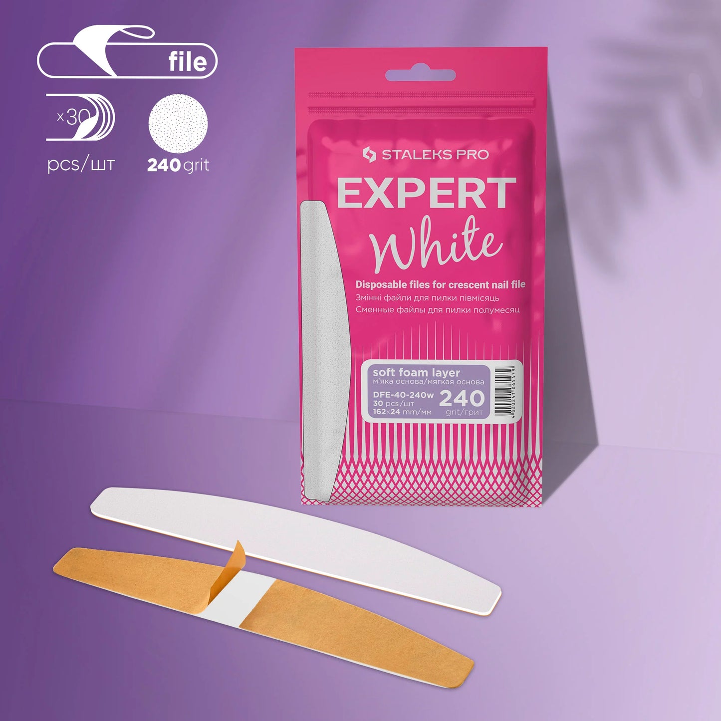 White disposable files for crescent nail file (soft base) EXPERT 40 180 grit (30 pcs)