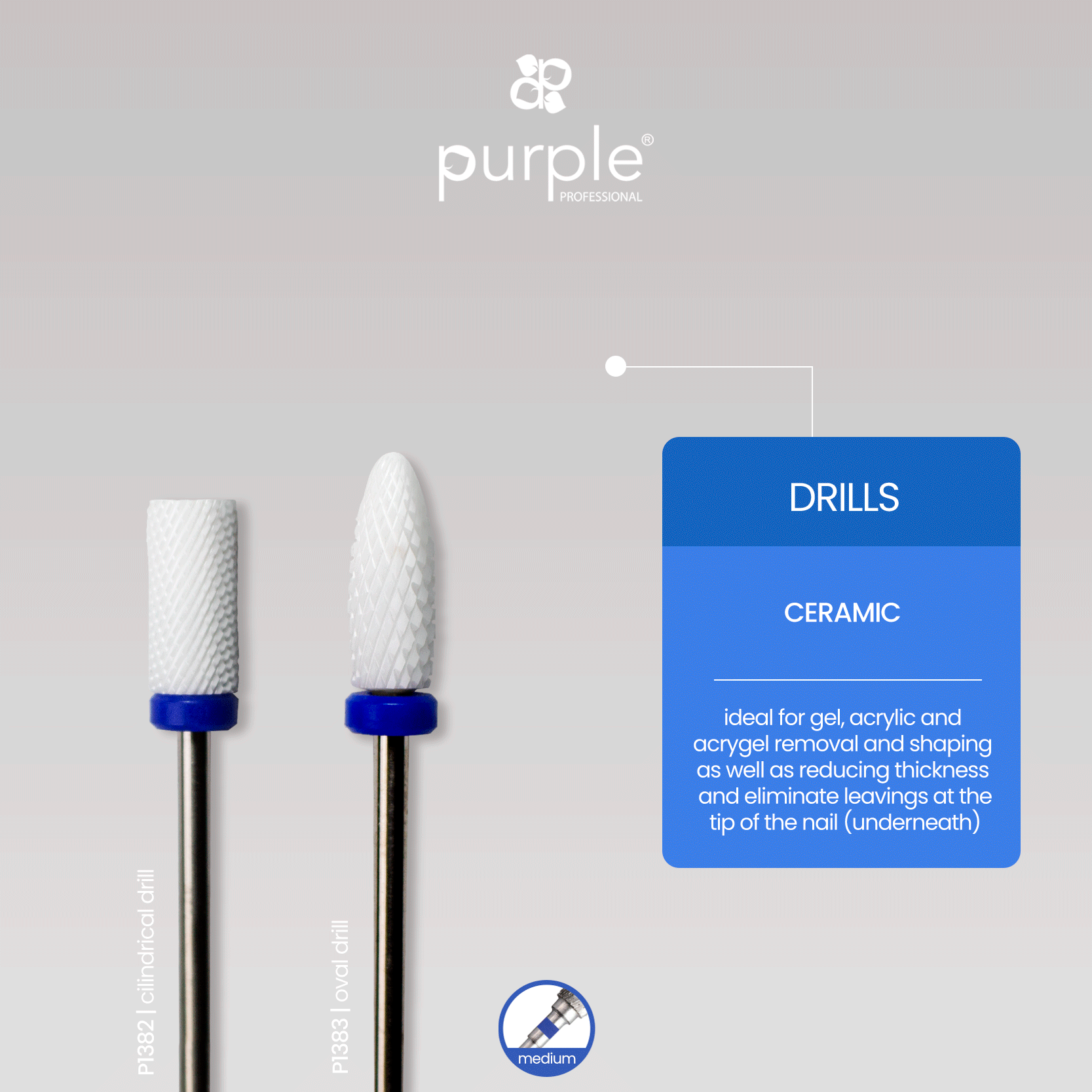 Ceramic Nail Drill - Cylindrical Straight Top 6x13mm (medium) - Pipa Cosmetics Purple Professional®