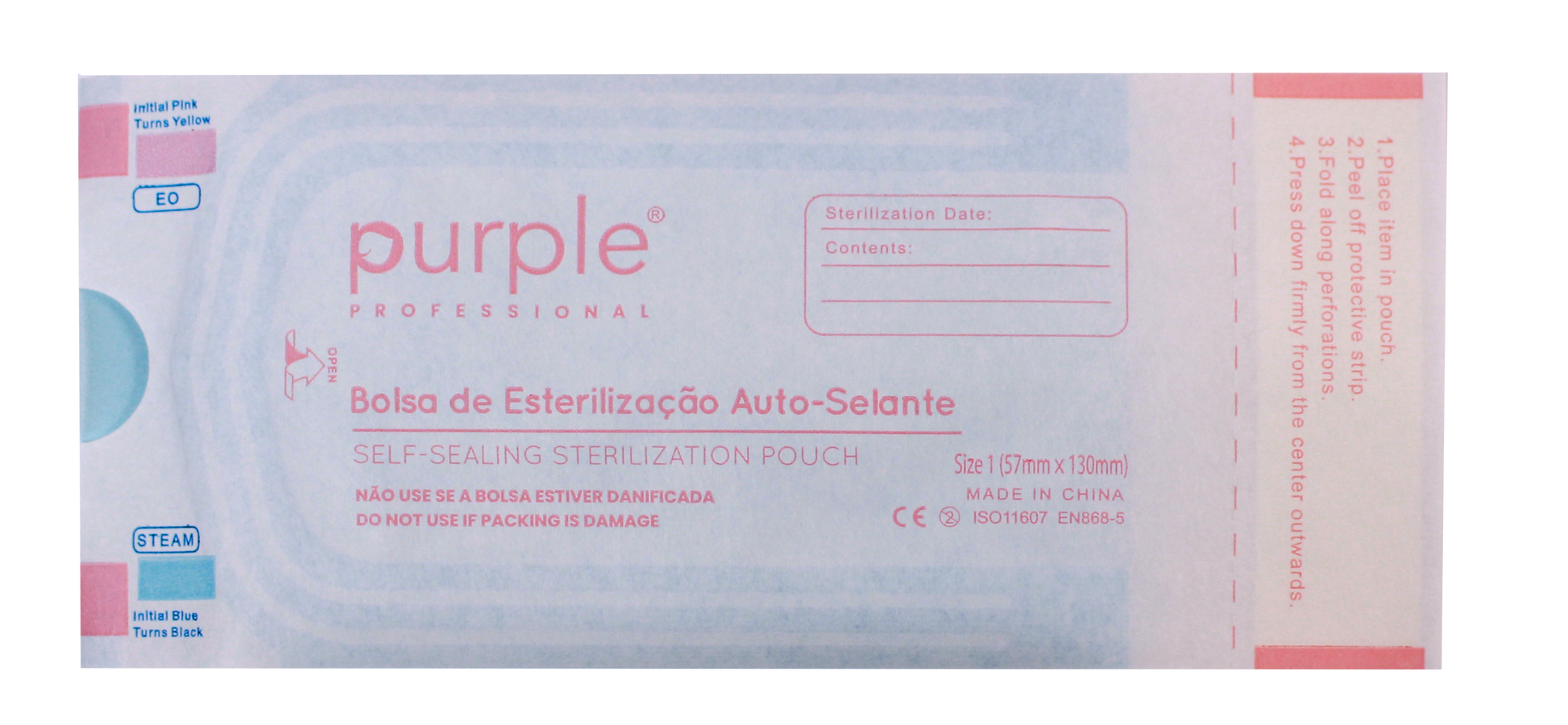 Self-Sealing Sterilization Pouches Size 1 - 57mmx130mm - Pipa Cosmetics Purple Professional®
