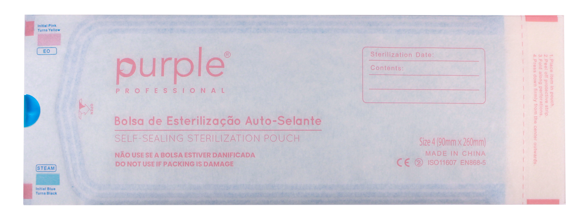 Self-Sealing Sterilization Pouches Size 4 - 90mmx260mm - Pipa Cosmetics Purple Professional®